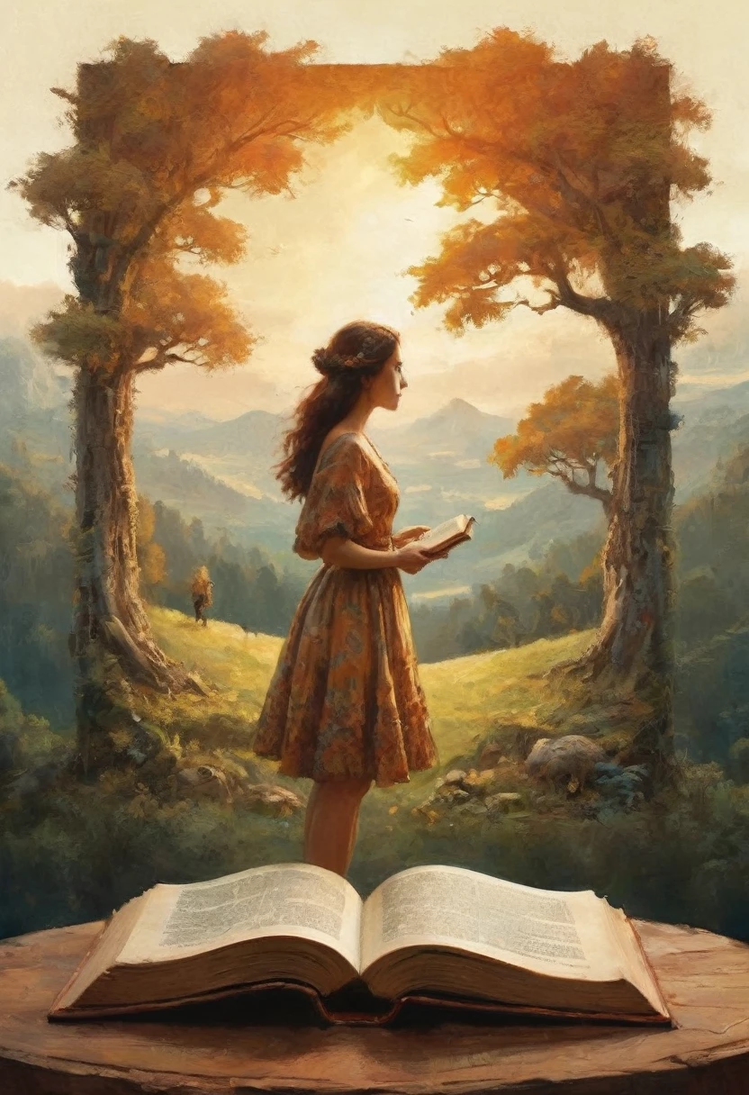 Hyperreal digital art style, "Fairytale", fantasy world coming out of centered book, open book, hyperdetailed double exposure fantasy illustration, masterpiece, cinematic, by Andreas Lie, Luke Gram, photorealism, backlit, gorgeous light