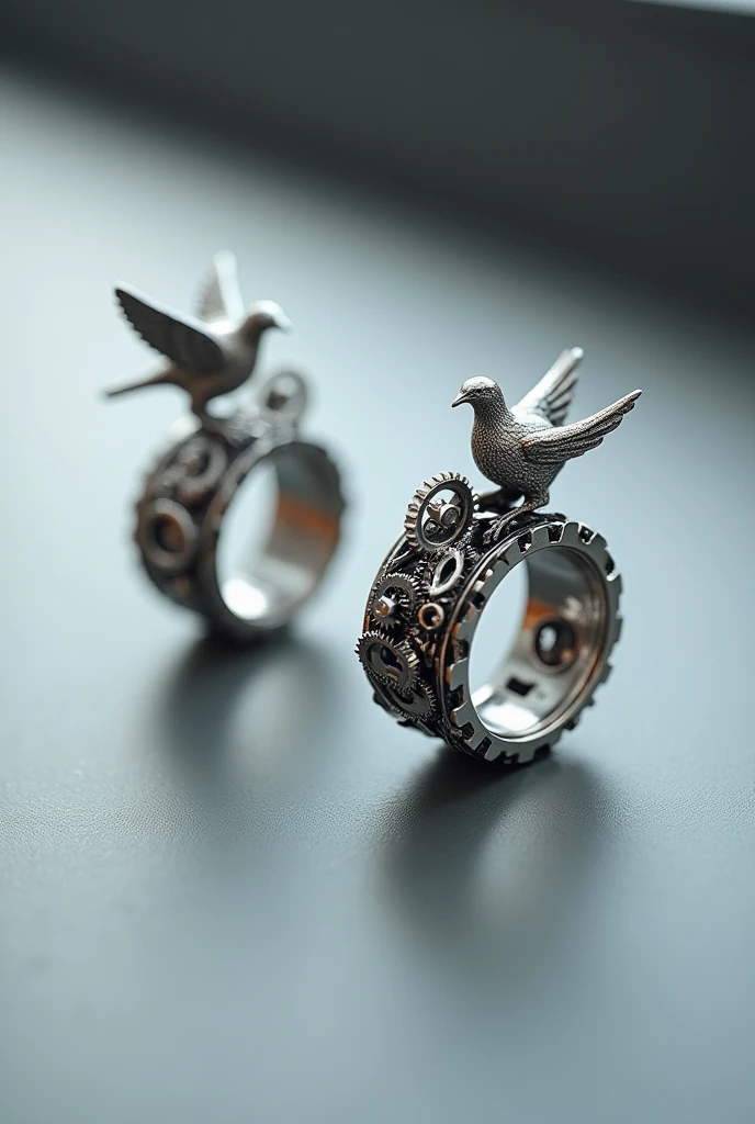Two silver rings created with cutting-edge technology, with gears representing a bird and a cage.