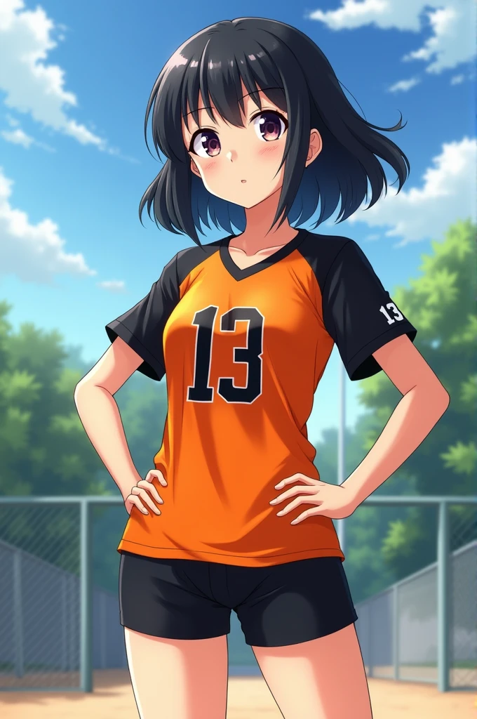 Black haired girl,wearing an orange and black volleyball uniform with the number 13 on the shirt, Anime Appearance,and shorts not too short
