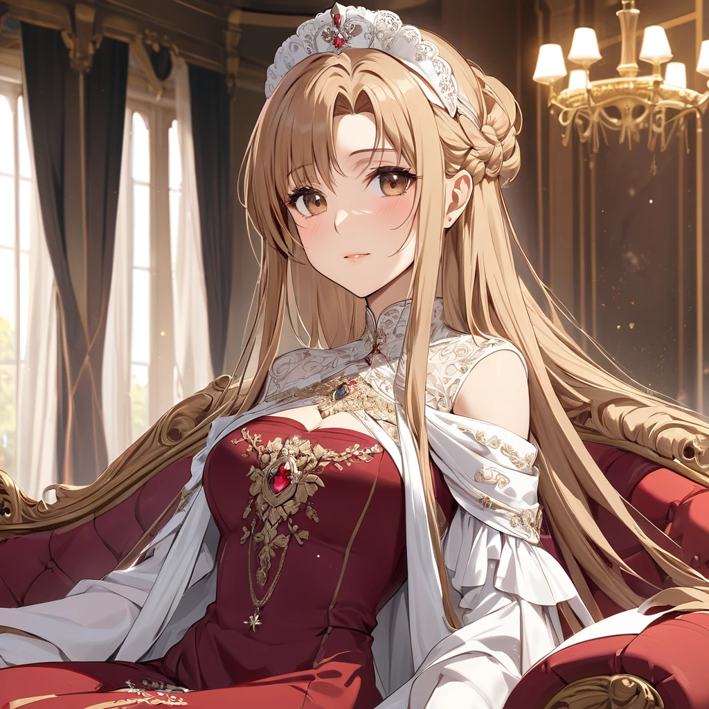 ((Highest quality)), ((masterpiece)), (detailed), (Perfect Face)、The woman is Yuuki Asuna, a Russian with light brown, medium-long hair, an elegant, graceful, beautiful Russian noblewoman, a good wife and mother, and the Empress of the Great Russian Empire.、The woman is beautifully dressed in the gorgeous and glittering gold-colored Russian court dress of an ancient Russian empress, with gorgeous accessories, and a beautiful and luxurious kokoshnik.、The woman grew beautiful on the luxurious sofa of the palace.16She is holding her 20-year-old daughter and sons.