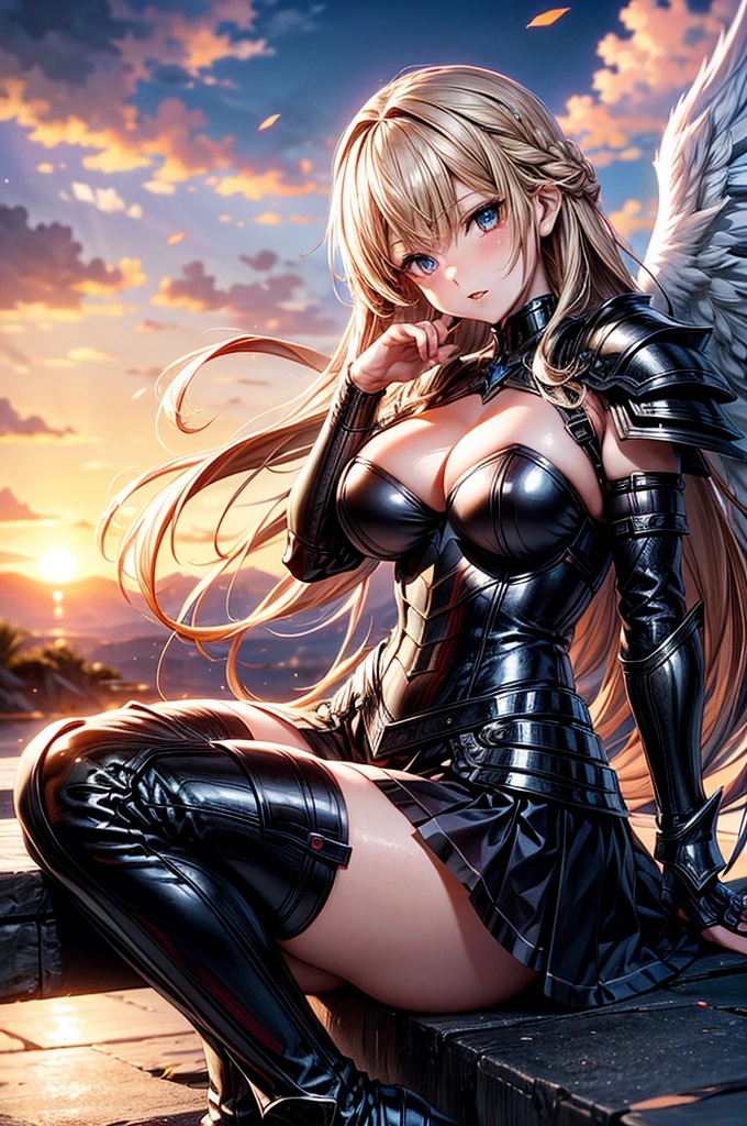 female archangel prepared for battle, an extremally beautiful warrior valkyre, ultra feminine, long hair, dark blonde hair, braided hair, wearing divine heavy armor, long leather boots, cleavage, big breasts, (white armor: 1.2), full plate armor, (angel wings: 1.2) spread, angel wings on both sides of her back, posing for a picture, full body, floating mid-air, sunset, 16k, RAW, ultra wide shot, photorealism, depth of field, hyper realistic, 2.5 rendering, ray tracing