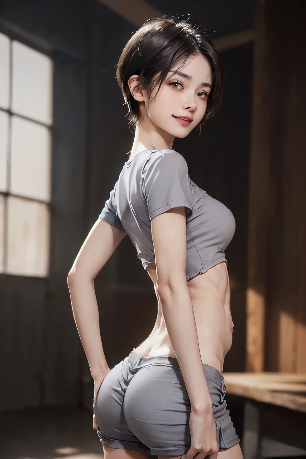 (((18 year old boyish Japanese girl with very small breasts:1.3, (((A short-sleeved t-shirt that fits tightly to a very small bust.:1.23,Short grey sweat shorts:1.22))), ((Highest quality, 8k, masterpiece: 1.3)), Sharp, clear focus: 1.2,(simple, Symmetrical and beautiful Ulzzang makeup:1.2),((Beautiful smile:1.3)),(Highly detailed face and white skin texture:1.2), ((Very short, boyish short cut:1.23))fine dark brown eyes,((Central composition:1.5,Cowboy shot taken from the front:1.3,Stand with arms raised 1.3)), (Beautiful interior with natural light:1.2),(((Very small breasts:1.97))),(Muscular and lean build:1.5),(muscular limbs:1.3),(Broad shoulders:1.34),((Fine abdominal muscles:1.7)),((quite thin thighs:1.7)),((Very short and thin body:1.4)),((Very small tight ass:1.45))(belly button, The groin and hip bones are visible..:1.2),(Central composition:1.4)