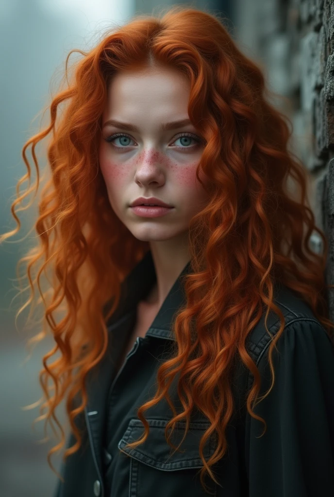 (solo, full body photo:1.3), (action packed:1.3), (haze, fog, mist:1.3), chiaroscuro, best quality, photorealistic, 1woman, (sexy), (24yo:1.2), redhead, long ginger curly hair highly detailed,modern, digital photography, (perfect oval large grey eyes that gazes at the viewer), beautiful detailed face, grey gorgeous perfect eyes, (red hair), (attractive young woman:1.3), (thick amazing red curly hair), (seductive:1.1), (blushing:1.1)