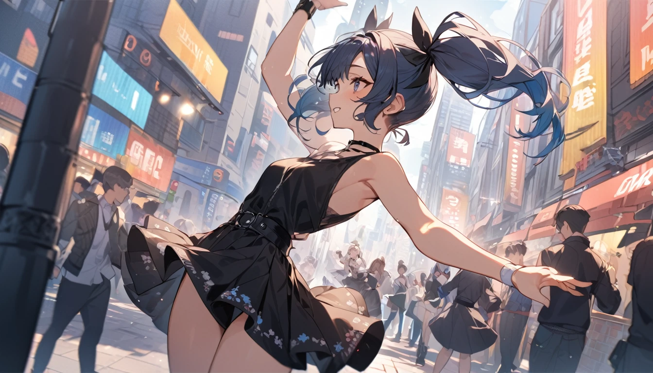 Highest quality,Girl dancing, Twin tails, In the city,Street fashion