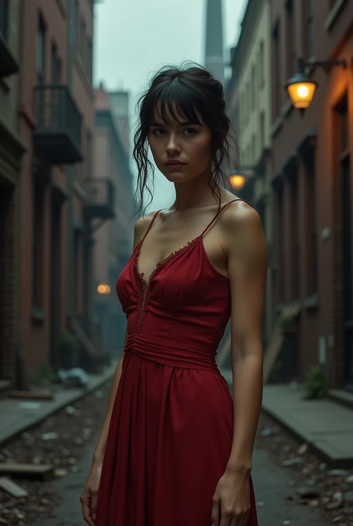 Mary Elizabeth Winstead as a poor prostitute in the first industrial revolution wearing a red dress