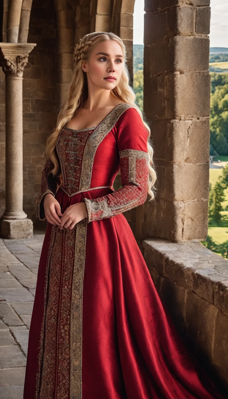 A blonde woman in medieval red dress with hair braided into two French braids standing in a grand castle with tall, stone walls and tapestries.