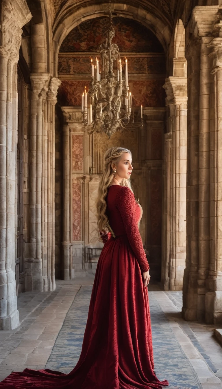 A blonde woman in medieval red dress with hair braided into two French braids standing in a grand castle with tall, stone walls and tapestries.