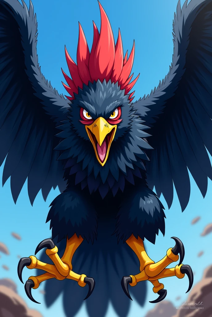 Front view of an angry harpy eagle attacking with anime style navy blue tones and a blue background, yellow and red