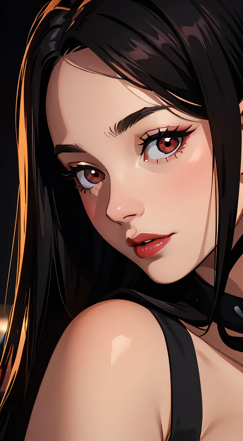 Amazing portrait of a woman who is 30 years old and an adult and a sexy maid during night time with soft lighting showcasing her red lips and her beautiful face in detail and close up