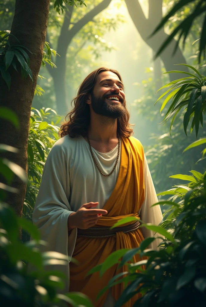 Jesus Christ smiling in the jungle