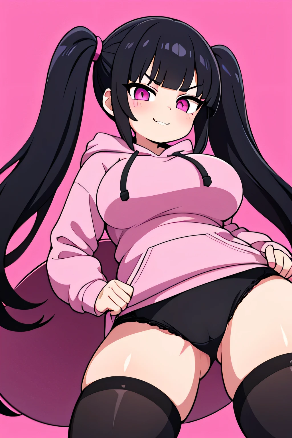 best quality, expressive eyes, perfect face, black hair, long twintails, straight bangs, pink eyes, smirking expression, pink hoodie, black thigh highs, pink lips, black panties, big breasts, adult, holding money, evil,