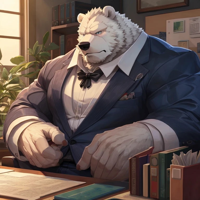 cel anime, 1man, very serious and stern, Middle-aged polar bear beastman, sitting at an office, very buff, fluffy body, furry Muscular, stocky, bulging body, wearing formal clothes, ((perfect anatomy)), ((masterpiece)), ((best quality)), (ultra-detailed), ((extremely detailed)), 4K, (8K), (detailed illustration), (detailed eyes), ((correct eyes)),