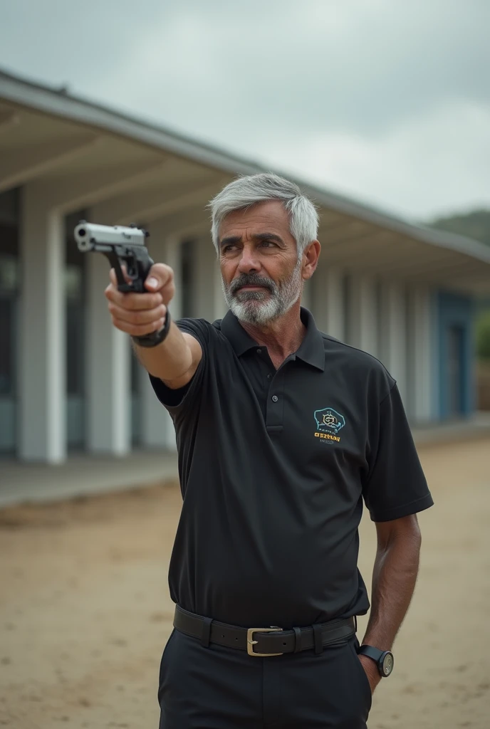 a man with silver gray hair, without a beard, pointing a gun with one arm while the other arm is in his pants pocket, in the background the place where the Oaris 2024 shooting Olympics took place