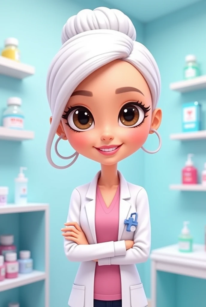 Image of a cartoon barbie type a barbie pharmacist dark brown eyes white hair combed in a bun