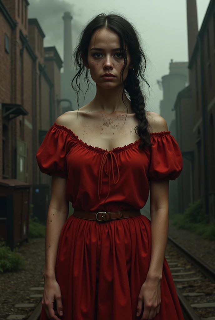 Mary Elizabeth Winstead as a poor prostitute in the first industrial revolution wearing a red dress