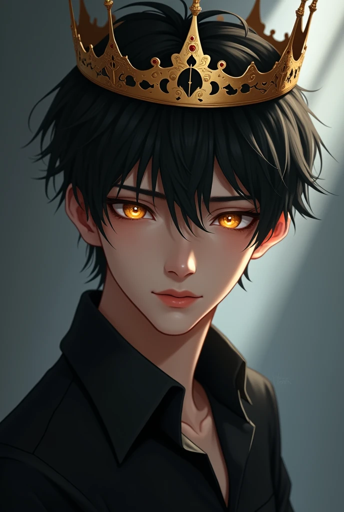 Create A young man, dressed in a black shirt and black hair. He got golden eyes and wears a crown.