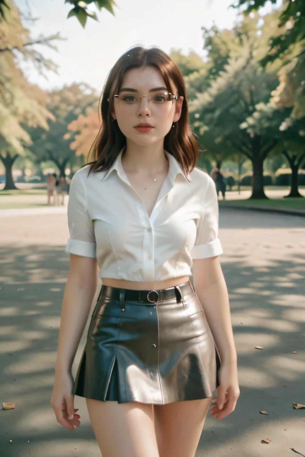 d4phnefrench,igirl,parts,black leather miniskirt,White shirt,in the park, Dan Winters style,raw photography,film grain,(indistinguishable from reality:1.4),photo taken with a Bolex H16