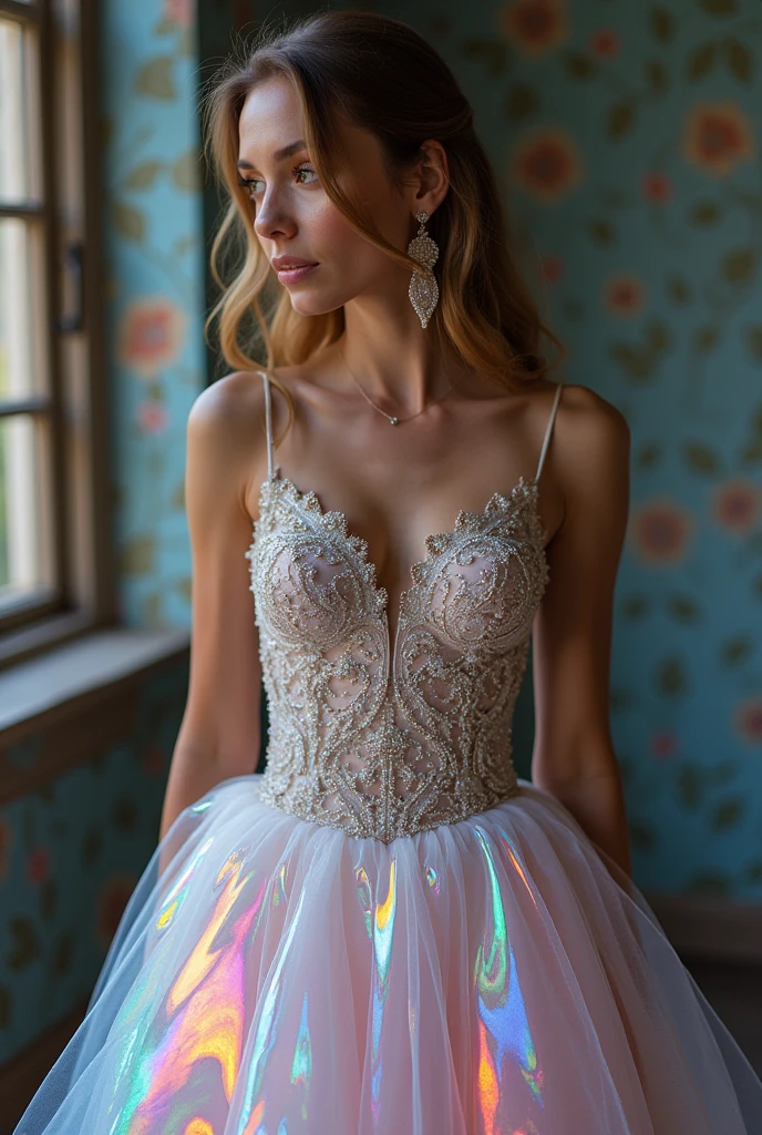 Busty girl in an intricate iridescent holographic dress