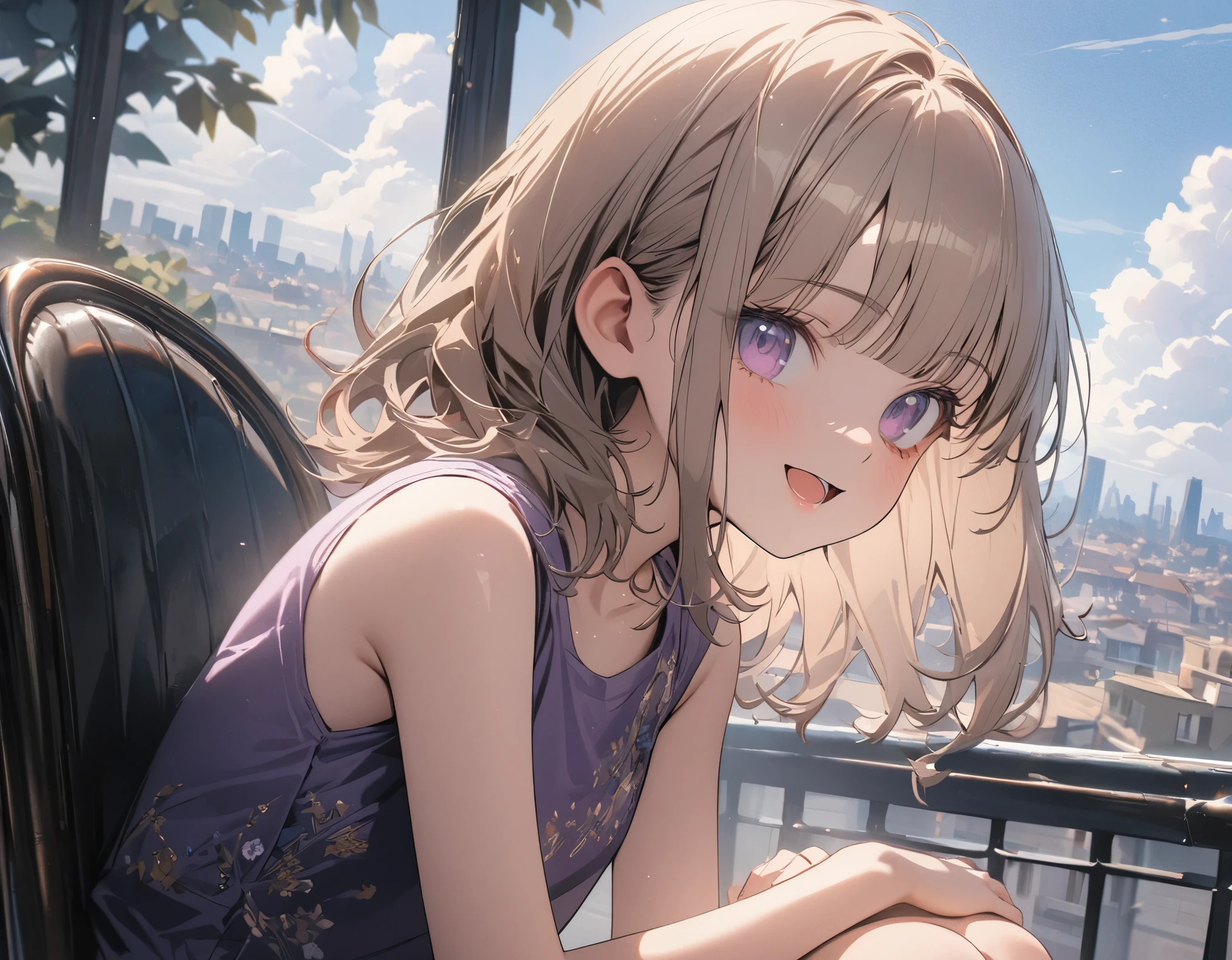 ((Masterpiece)), ((best quality)), ((wide shot)), profile, (super detail:1.2), (High Definition:1.3), ((extremely detailed)), (8K), (Professional Photography:1.2), (very aesthetic:1.2), (absurdres:1.2), (sharp focus), (perfect light), ((kawaii)), (drop shadow), ((1girl)),(()), (1girl), cute girl, naughty smile, (:d), (Beautiful deep purple eyes:1.2), (Healthy skin), Embroidered cute tanktop, small breast, slender waist, (loose blunt bangs), Beautiful Silky hair, (medium hair), ((beautiful pale brown hair)), shortpants, BREAK, 🌈, place hand on head, (cute cheeks), glossy lips, pouty lips, bags under the eyes, (lower eyelashes), (loose sitting on chair), on the café terrace, (the Midsummer Cafe Terrace), Beautiful cityscape Background, Large Cumulonimbus Clouds, pastel colors clouds, (detailed background:1.2), newest,clear line,