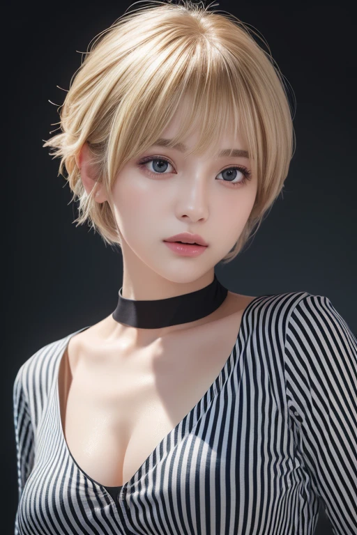 (Highest quality、4K、8k、High resolution、masterpiece:1.2)、Very detailed、(Genuine、Realistic、Realistic:1.3)、blonde、Pixie Cut、Black choker、Soft, widely spaced breasts、Striped Shirt、Full body photography