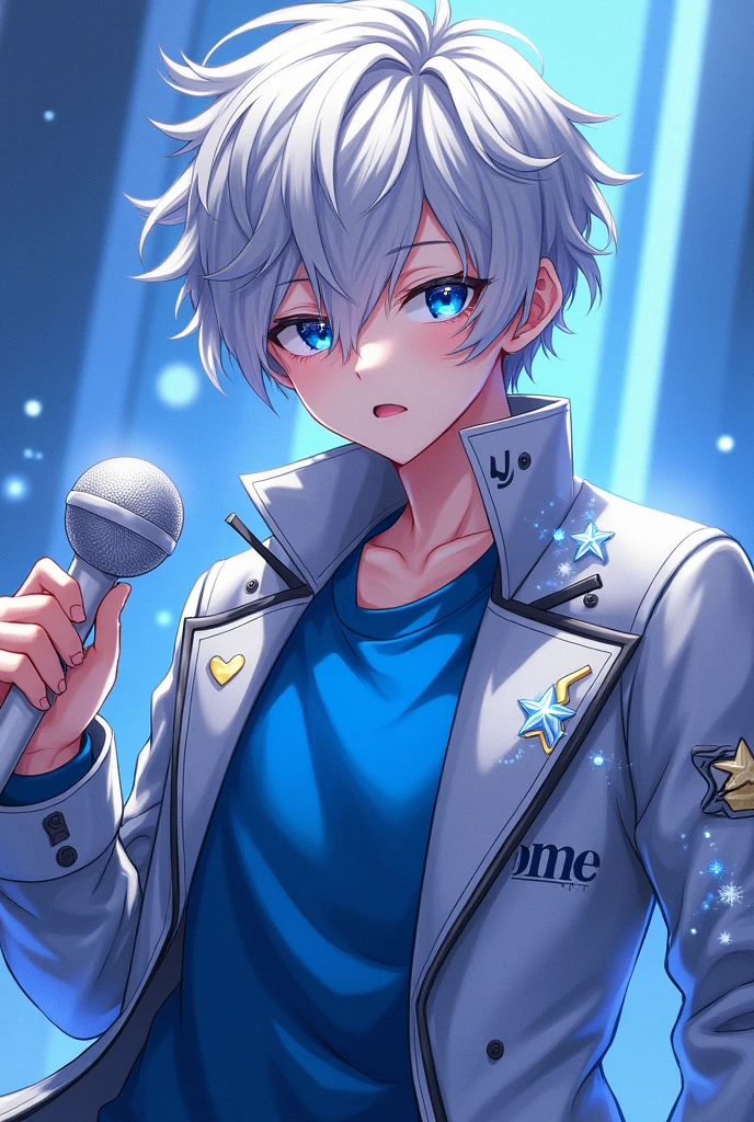Anime idol boy with messy silver hair falling over one eye.
skin fair.
royal blue eyes.
silver metallic jacket with silver stars.
shirt blue.
white idol microphone.
vocaloid sekai cool stylish