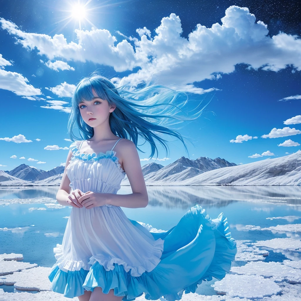 Absurd, High resolution, (Official Art, beautifully、aesthetic:1.2), (Shortsighted:1.15), (One girl, Blue Hair, Medium Hair, blue eyes, Bright Eyes, long white dress, Blue frills,:1.2) blue sky, Sparkling Galaxy, (Uyuni salt lake:1.2), (Fractal Art:0.8), water effects, Ripple effects, (Flower effect: 0.65), Light effects,