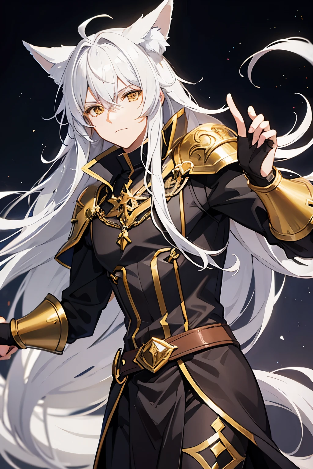 Medieval fantasy style male anime character with medium length silver hair yellow eyes, with fox ears using darkness magic