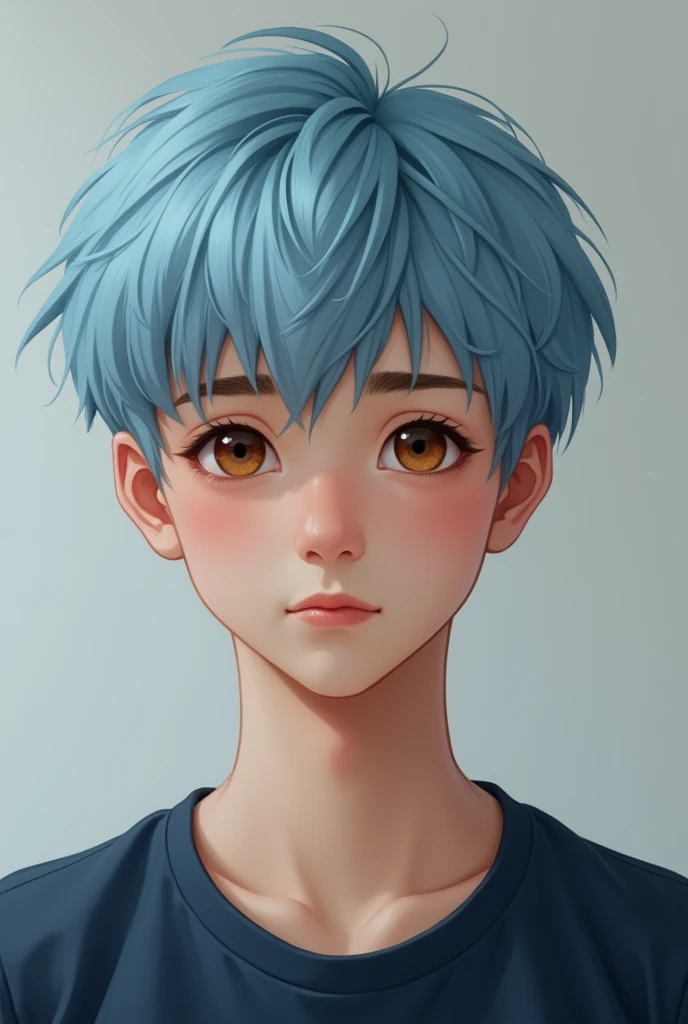 Real 14 year old teenager boy with light blue hair and brown eyes wearing dark blue shirt

