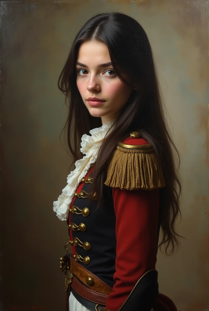 charming young pretty warrior, brunette, smiling slightly mysteriously over her shoulder, averting her eyes, russian hussar uniform, jacket: white leggings: boots, 1812, (Rafael Santi style!)), dark Renaissance, (fog, very worn gradient), ((palette/oil painting with palette knife)), ((masterpiece)), single shot, image quality: 1.2, maximum detail, perspective: 1.67, 8k