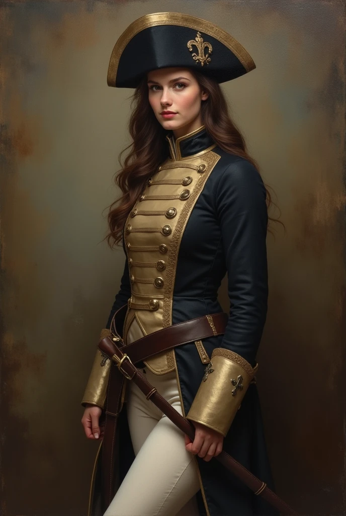 charming young pretty warrior, brunette, smiling slightly mysteriously over her shoulder, averting her eyes, russian hussar uniform, jacket: white leggings: boots, 1812, (Rafael Santi style!)), dark Renaissance, (fog, very worn gradient), ((palette/oil painting with palette knife)), ((masterpiece)), single shot, image quality: 1.2, maximum detail, perspective: 1.67, 8k