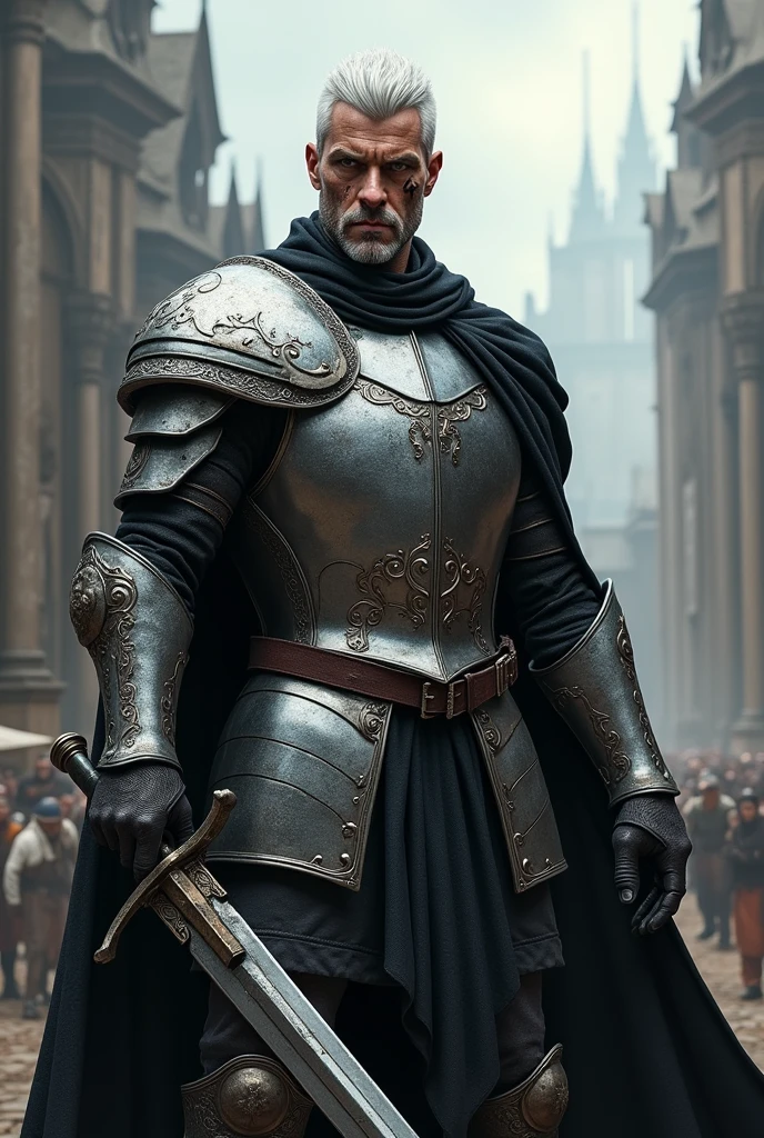 White medieval warrior, short hair with a scar on his face over one eye, with silver armor and black cape. One of the arms amputated