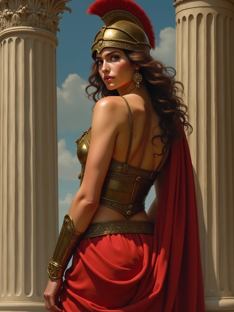 A neoclassical painting of the warrior goddess Athena, a divine woman with brown hair and gray eyes, her face exuding nobility. She is wearing red armor and a Greek helmet. She is showing her ass.