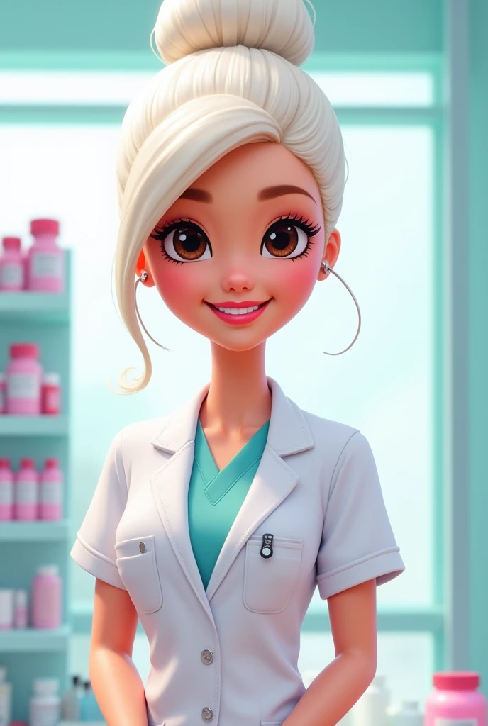 Image of a cartoon barbie type a barbie pharmacist dark brown eyes white hair combed in a bun 