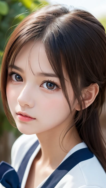 One Girl，(1人のとてもcute女の子:1.3)，masterpiece，highest quality，High resolution，beautiful girl，(18years old:1.3)，cute，Big eyes，(detailed pupils:1.2)，(The face is facing straight ahead:1.3)，Body facing forward，Beautiful nose，Fuller lips，Short black hair，ponytail，short hair，Detailed eyelashes，Thin eyebrows，Very fine grain definition，(Symmetrical eyes:1.3)，(Face close-up，Face Focus:1.0)，Sailor suit，Student style，Portrait，View Viewer，Cinema Lighting，High resolution，Very detailed、口を少し開ける