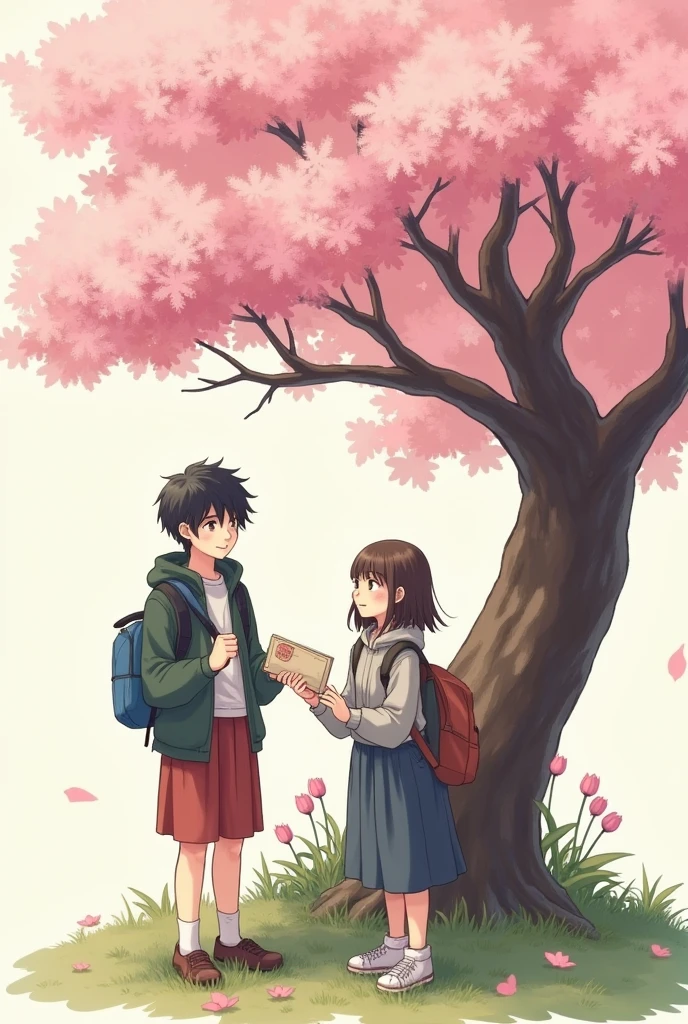 You draw the teenagers who have a letter and a Japanese cherry tree in their hands. The letter will have a monk's face and a farewell symbol drawn on it.