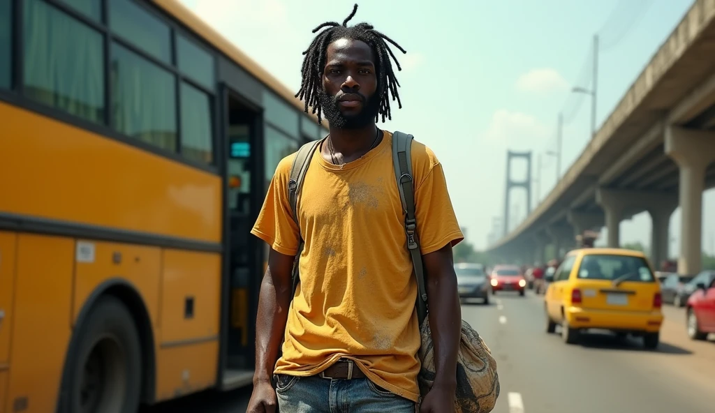 An image of a Nigerian man as he alights from the bus in the busy streets of Lagos State. He is looking tattered with bushy beards, dread locked hair , dirty yellow round neck shirt, a slippers and dirty jean trousers. Great image, buh show him carrying a bag and make his beards black. Great, now show him hawking razor blade around the busy Oshodi bridge.
