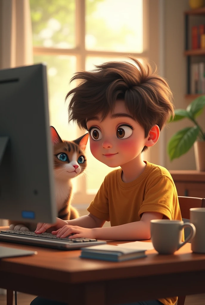boy on the computer with a cat