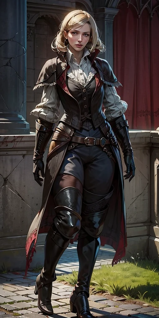 photorealistic, high resolution, soft light,1women, solo, hips up, look at viewer, (detailed face), bangs, edgBB, black gloves, belt, coat, torn clothes, capelet, red gloves gauntlets, vambraces, black capelet, hunter (bloodborne) woman wearing edgBB_outfit, outdoors, gothic architecture, jewelry, full body Forrest Fire Emblem twin drills blonde hair
