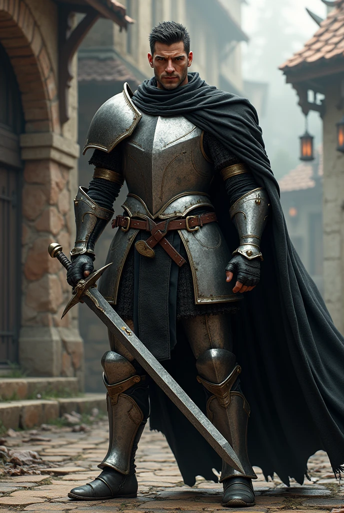 White medieval warrior, short black hair with a scar on his face over one eye, with silver armor and black cape. One of the arms amputated 
