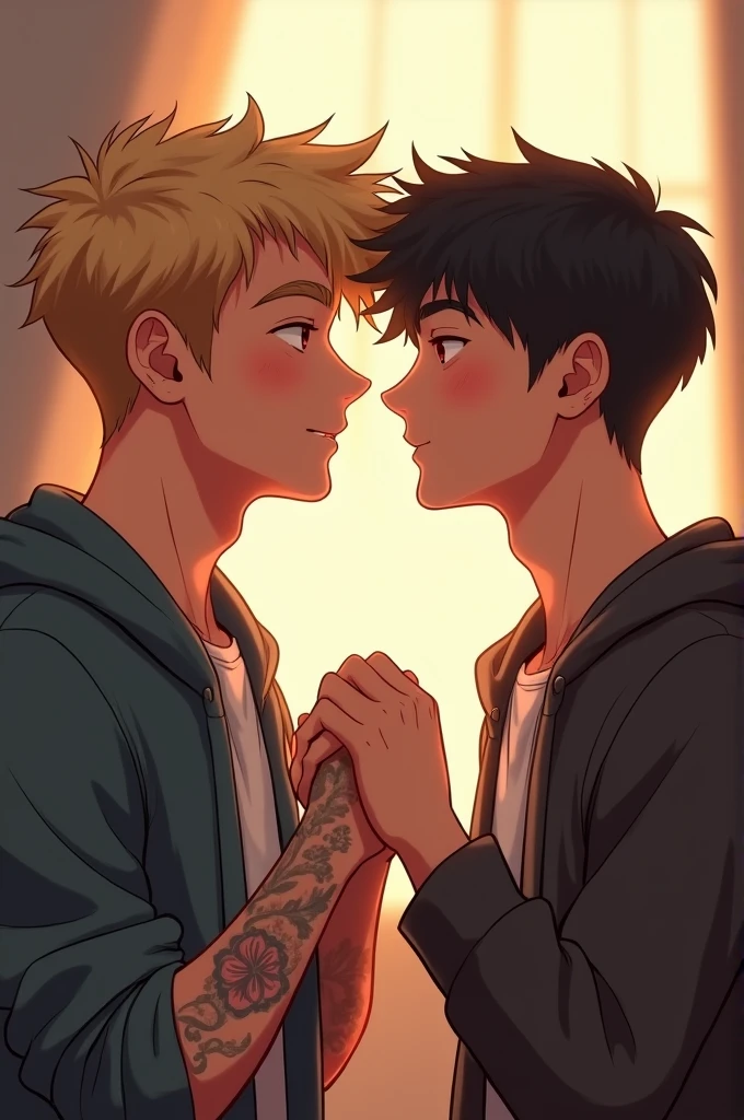 Great an human look image with two boys the of 26 24 holding hands looking at each other one with tattoos on his left hand side make them cute one with blonde hair and one with black hair 