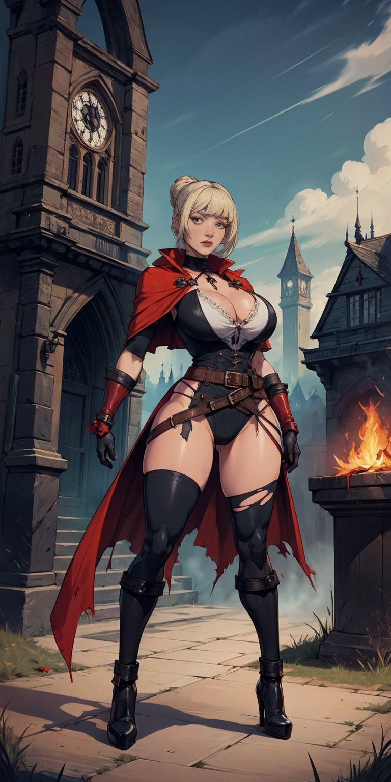 1women, solo, hips up, look at viewer, (detailed face), bangs, edgBB, black gloves, belt, coat, torn clothes, capelet, red gloves gauntlets, vambraces, black capelet, hunter (bloodborne) woman wearing edgBB_outfit, outdoors, gothic architecture, jewelry, full body Forrest Fire Emblem twin drills blonde hair