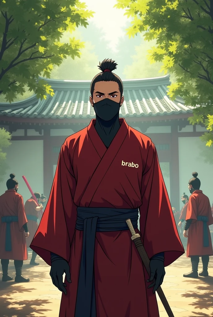 Create an anime-style drawing, showing a ninja in a temple, it's morning, the sunlight passes through the leaves of the trees, the ninja is without a mask, he is wearing a red tunic, on his tunic the word ''brabo'' is written, in the background there are warriors training