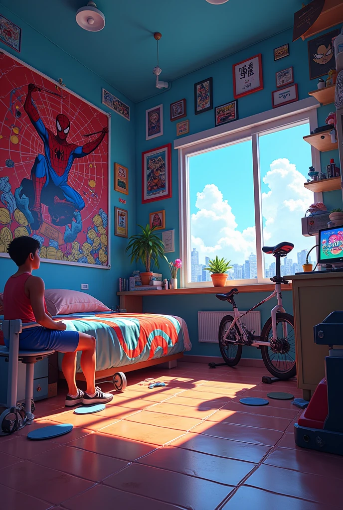 A room with a Spiderman poster, dragon ball GT, calisthenics and a bicycle