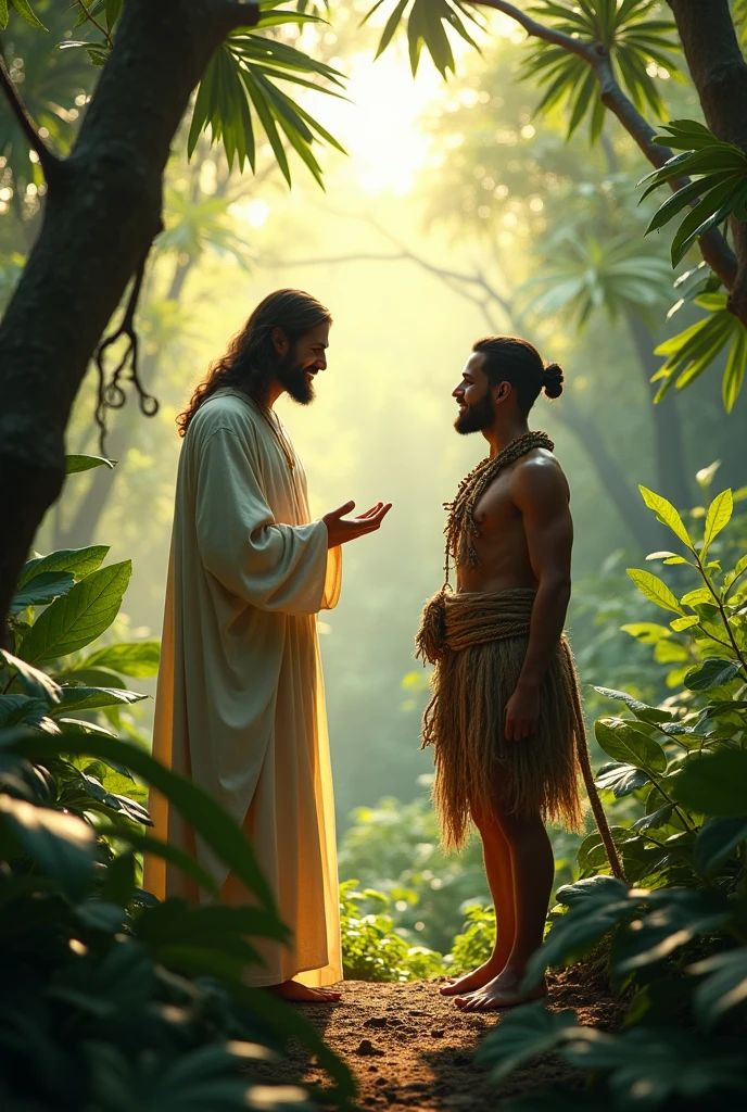 Jesus Christ smiling in the middle of the jungle next to an indigenous man 