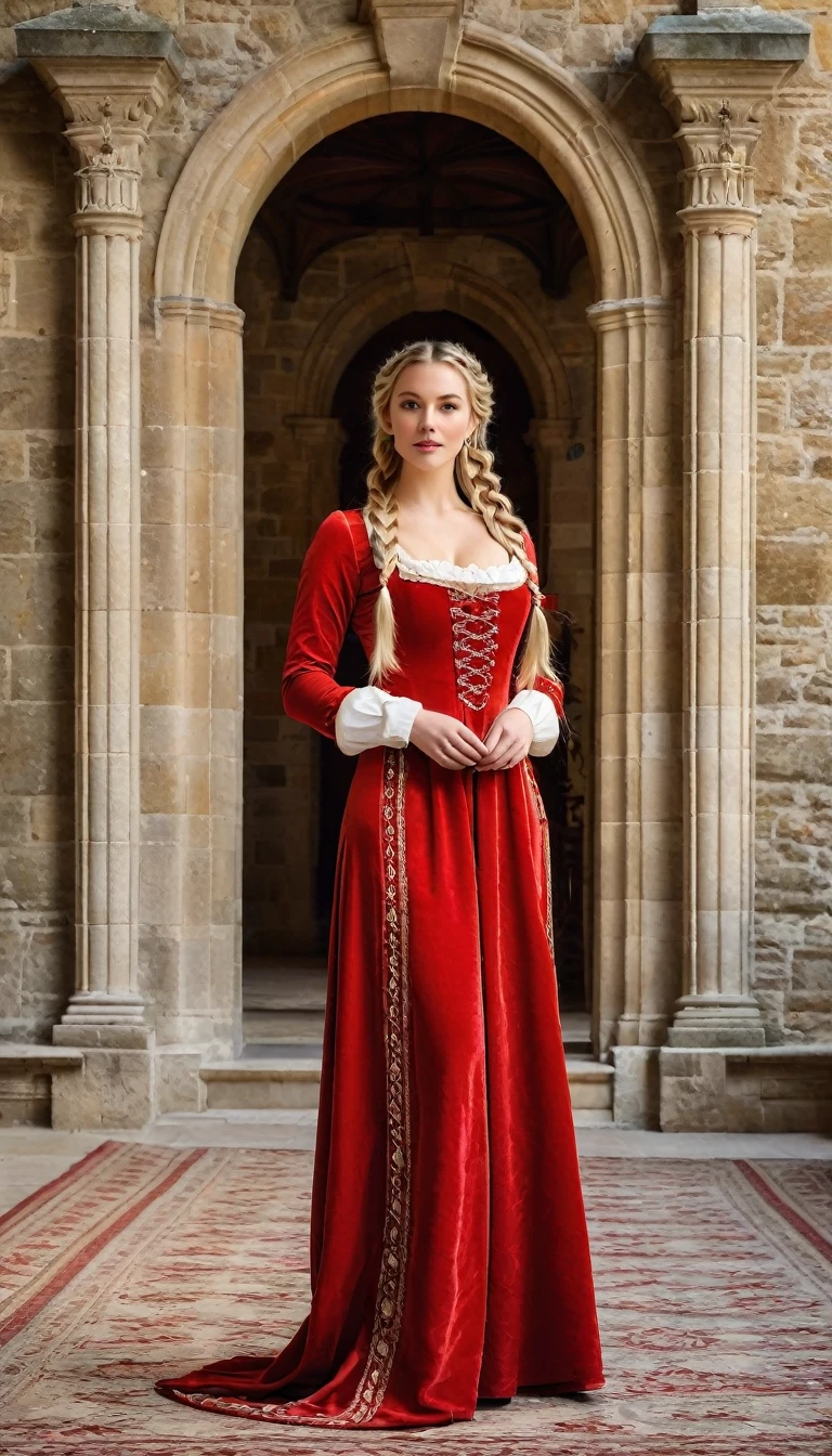 A blonde woman in medieval red dress with hair braided into two French braids standing in a grand castle with tall, stone walls and tapestries.
