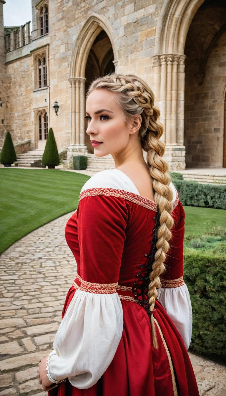 A blonde woman in medieval red dress with hair braided into two French braids standing in a grand castle with tall, stone walls and tapestries.