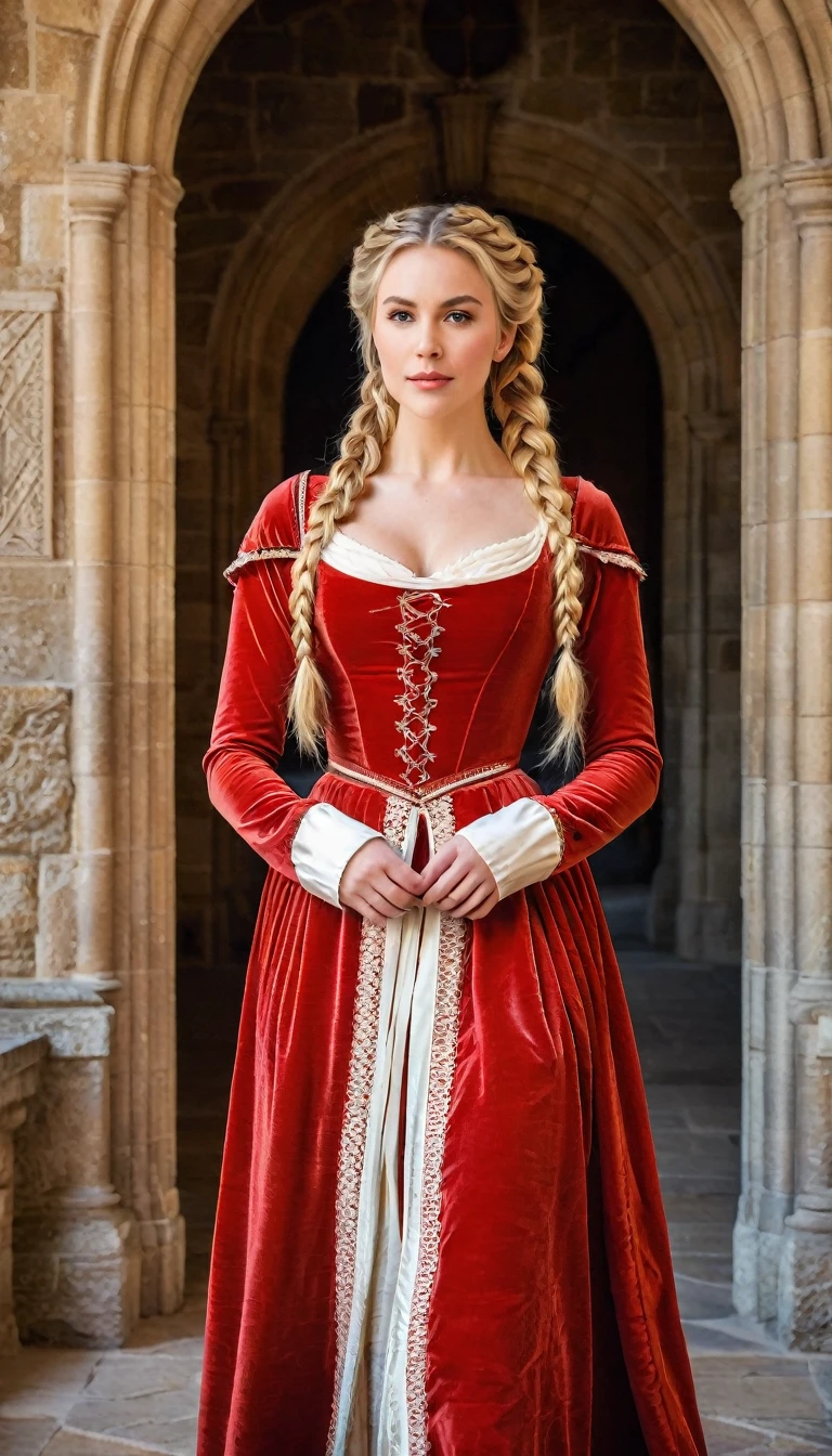 A blonde woman in medieval red dress with hair braided into two French braids standing in a grand castle with tall, stone walls and tapestries.