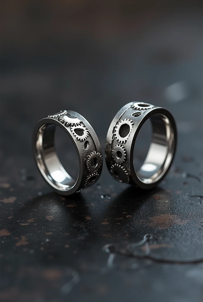 Two silver rings for men, with gears representing a bird in a cage