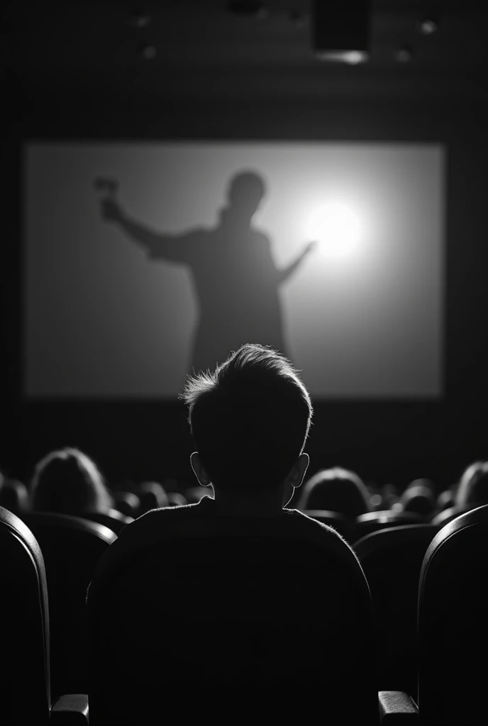 A boy looking at his mother in a black and white movie theater
