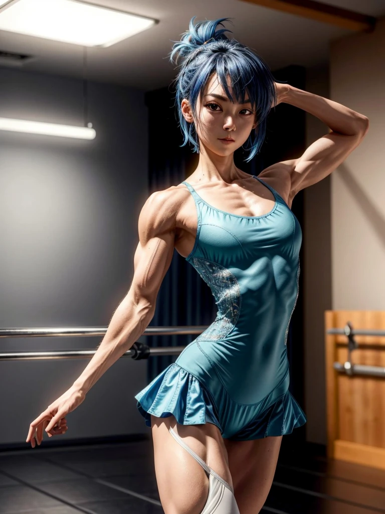 (BEST lighting) , (ultra intricately detailed) , 4K unification, (super-detailed CG: 1.2) , (8K: 1.2),(Original), (Masterpiece) , (Best quality),(Masterpiece:1.4),Anime-ish high quality,(Masterpiece),Masterpiece, Best quality, absurderes,((masterpeace, 4K, 8K, Yes, A high resolution))1girll, One man only,She is in the ballet studio,Ballet costumes,Spring, Boots, Perfect figure, Short blue asymmetric hair, Sweat, ((body builder:0.1)),The strongest in the world,Practice dance studio background,(Beautiful bace),(Girl),(Female),(((Upper body:1)))